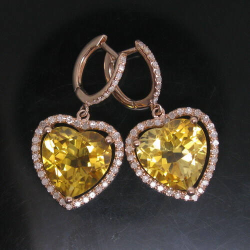 CERCEI DIN AUR CU  INIMI DE CITRIN IN ANTURAJ DE DIAMANTE NATURALE